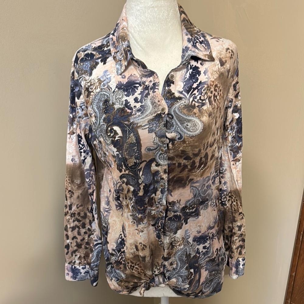 Soft Surroundings Blue and Brown Notched Collar Button Down Shirt